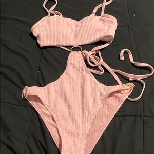 SHEIN Pink Ribbed Bikini One Piece
